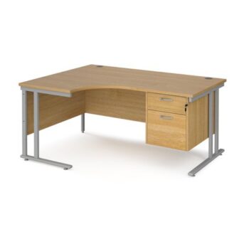 Maestro 25 left hand ergonomic desk 1600mm wide with 2 drawer pedestal silver cantilever leg frame oak top - MC16ELP2SO