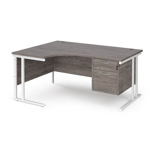 Maestro 25 left hand ergonomic desk 1600mm wide with 2 drawer pedestal white cantilever leg frame grey oak top - MC16ELP2WHGO