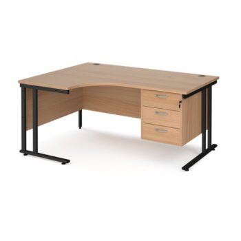 Maestro 25 left hand ergonomic desk 1600mm wide with 3 drawer pedestal black cantilever leg frame beech top - MC16ELP3KB