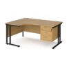 Maestro 25 left hand ergonomic desk 1600mm wide with 3 drawer pedestal black cantilever leg frame oak top - MC16ELP3KO