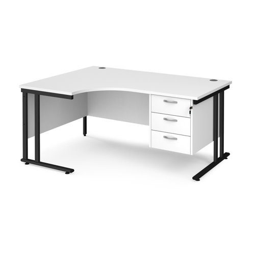 Maestro 25 left hand ergonomic desk 1600mm wide with 3 drawer pedestal black cantilever leg frame white top - MC16ELP3KWH