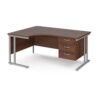 Maestro 25 left hand ergonomic desk 1600mm wide with 3 drawer pedestal silver cantilever leg frame walnut top - MC16ELP3SW