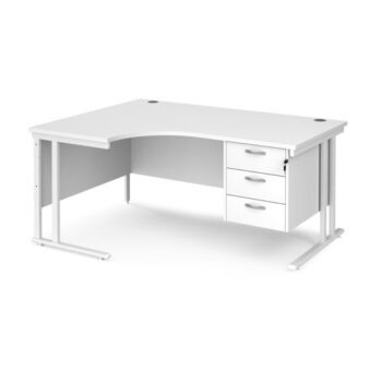 Maestro 25 left hand ergonomic desk 1600mm wide with 3 drawer pedestal white cantilever leg frame white top - MC16ELP3WHWH