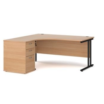 Maestro 25 left hand ergonomic desk 1600mm with black cantilever frame and desk high pedestal beech - EBK16LB