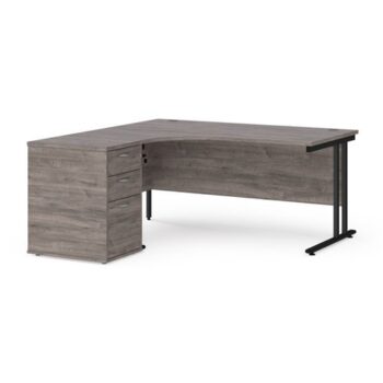 Maestro 25 left hand ergonomic desk 1600mm with black cantilever frame and desk high pedestal grey oak - EBK16LGO