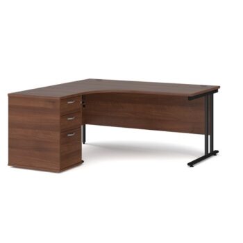 Maestro 25 left hand ergonomic desk 1600mm with black cantilever frame and desk high pedestal walnut - EBK16LW