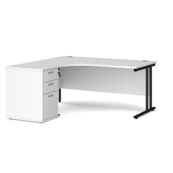 Maestro 25 left hand ergonomic desk 1600mm with black cantilever frame and desk high pedestal white - EBK16LWH