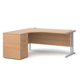 Maestro 25 left hand ergonomic desk 1600mm with silver cantilever frame and desk high pedestal beech - EBS16LB