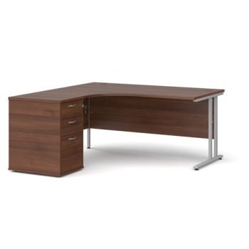 Maestro 25 left hand ergonomic desk 1600mm with silver cantilever frame and desk high pedestal walnut - EBS16LW