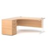 Maestro 25 left hand ergonomic desk 1600mm with white cantilever frame and desk high pedestal beech - EBWH16LB