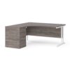 Maestro 25 left hand ergonomic desk 1600mm with white cantilever frame and desk high pedestal grey oak - EBWH16LGO