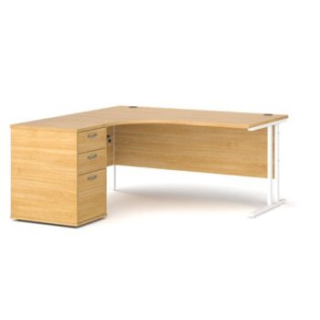 Maestro 25 left hand ergonomic desk 1600mm with white cantilever frame and desk high pedestal oak - EBWH16LO