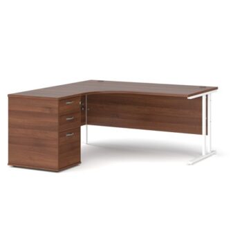 Maestro 25 left hand ergonomic desk 1600mm with white cantilever frame and desk high pedestal walnut - EBWH16LW