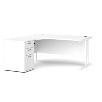 Maestro 25 left hand ergonomic desk 1600mm with white cantilever frame and desk high pedestal white - EBWH16LWH