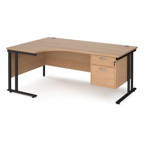 Maestro 25 left hand ergonomic desk 1800mm wide with 2 drawer pedestal black cantilever leg frame beech top - MC18ELP2KB