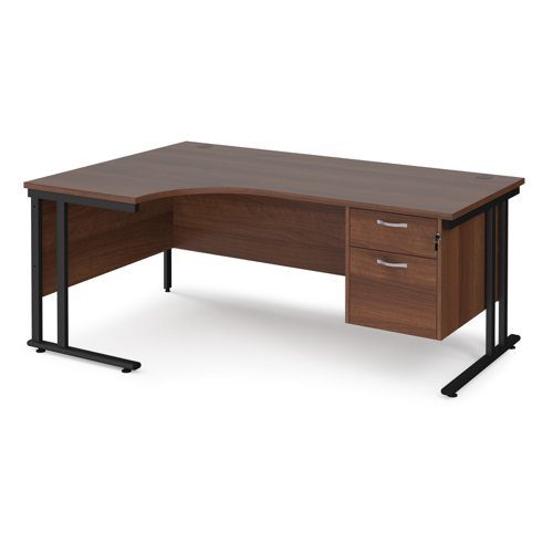 Maestro 25 left hand ergonomic desk 1800mm wide with 2 drawer pedestal black cantilever leg frame walnut top - MC18ELP2KW