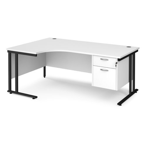 Maestro 25 left hand ergonomic desk 1800mm wide with 2 drawer pedestal black cantilever leg frame white top - MC18ELP2KWH