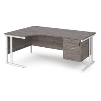 Maestro 25 left hand ergonomic desk 1800mm wide with 2 drawer pedestal white cantilever leg frame grey oak top - MC18ELP2WHGO