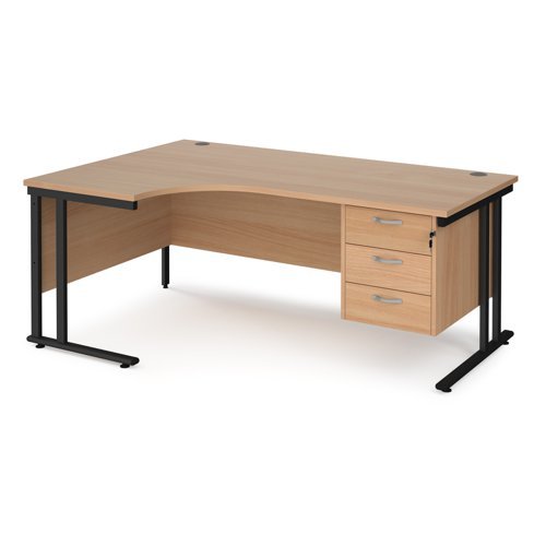 Maestro 25 left hand ergonomic desk 1800mm wide with 3 drawer pedestal black cantilever leg frame beech top - MC18ELP3KB