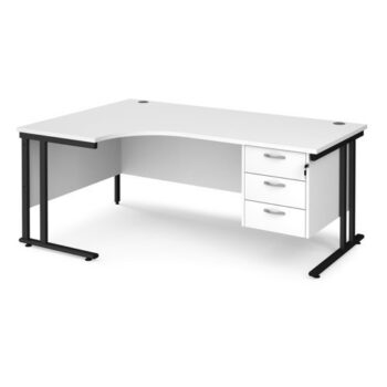 Maestro 25 left hand ergonomic desk 1800mm wide with 3 drawer pedestal black cantilever leg frame white top - MC18ELP3KWH