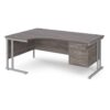 Maestro 25 left hand ergonomic desk 1800mm wide with 3 drawer pedestal silver cantilever leg frame grey oak top - MC18ELP3SGO
