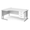 Maestro 25 left hand ergonomic desk 1800mm wide with 3 drawer pedestal silver cantilever leg frame white top - MC18ELP3SWH