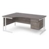 Maestro 25 left hand ergonomic desk 1800mm wide with 3 drawer pedestal white cantilever leg frame grey oak top - MC18ELP3WHGO