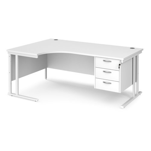 Maestro 25 left hand ergonomic desk 1800mm wide with 3 drawer pedestal white cantilever leg frame white top - MC18ELP3WHWH