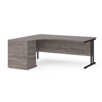 Maestro 25 left hand ergonomic desk 1800mm with black cantilever frame and desk high pedestal grey oak - EBK18LGO