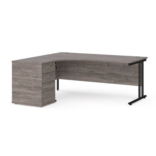 Maestro 25 left hand ergonomic desk 1800mm with black cantilever frame and desk high pedestal grey oak - EBK18LGO