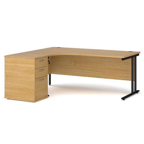 Maestro 25 left hand ergonomic desk 1800mm with black cantilever frame and desk high pedestal oak - EBK18LO