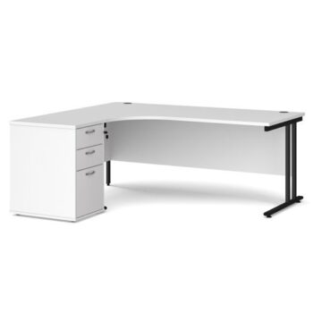 Maestro 25 left hand ergonomic desk 1800mm with black cantilever frame and desk high pedestal white - EBK18LWH
