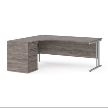 Maestro 25 left hand ergonomic desk 1800mm with silver cantilever frame and desk high pedestal grey oak - EBS18LGO