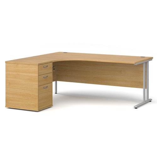 Maestro 25 left hand ergonomic desk 1800mm with silver cantilever frame and desk high pedestal oak - EBS18LO