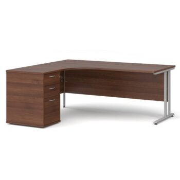 Maestro 25 left hand ergonomic desk 1800mm with silver cantilever frame and desk high pedestal walnut - EBS18LW