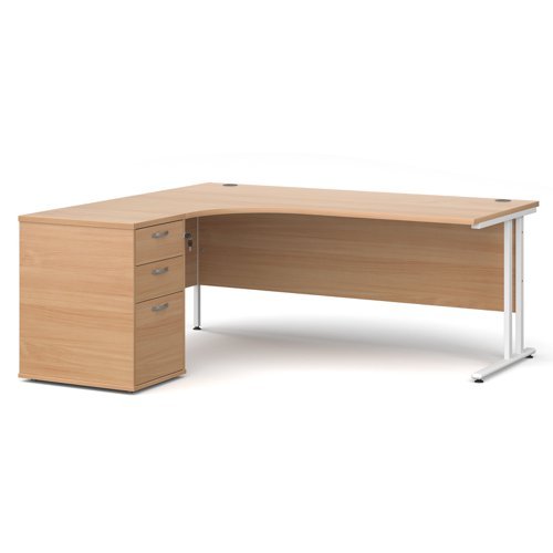 Maestro 25 left hand ergonomic desk 1800mm with white cantilever frame and desk high pedestal beech - EBWH18LB
