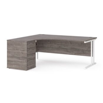Maestro 25 left hand ergonomic desk 1800mm with white cantilever frame and desk high pedestal grey oak - EBWH18LGO