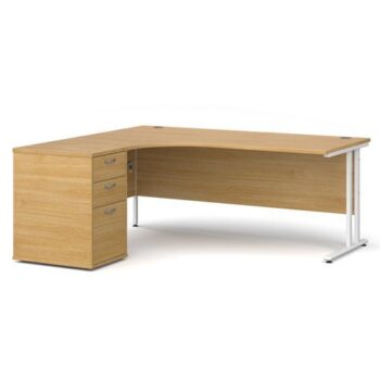Maestro 25 left hand ergonomic desk 1800mm with white cantilever frame and desk high pedestal oak - EBWH18LO