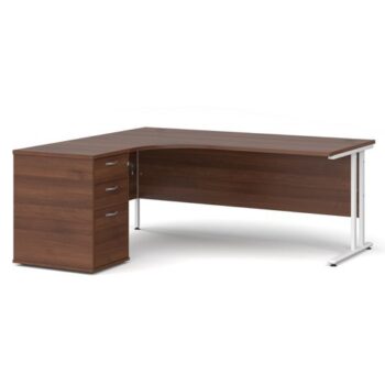 Maestro 25 left hand ergonomic desk 1800mm with white cantilever frame and desk high pedestal walnut - EBWH18LW