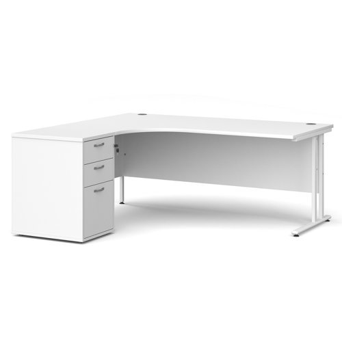 Maestro 25 left hand ergonomic desk 1800mm with white cantilever frame and desk high pedestal white - EBWH18LWH