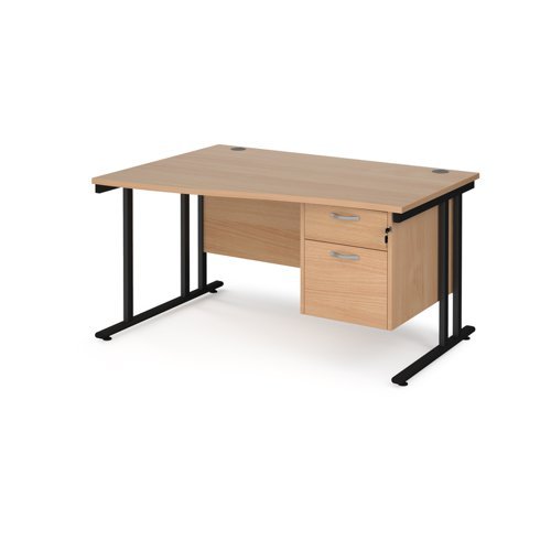 Maestro 25 left hand wave desk 1400mm wide with 2 drawer pedestal black cantilever leg frame beech top - MC14WLP2KB