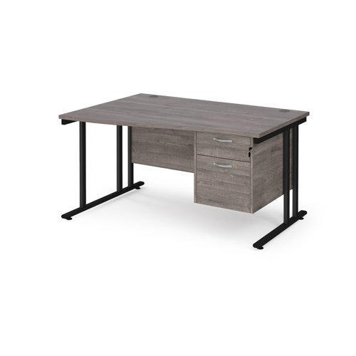 Maestro 25 left hand wave desk 1400mm wide with 2 drawer pedestal black cantilever leg frame grey oak top - MC14WLP2KGO
