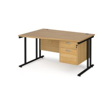 Maestro 25 left hand wave desk 1400mm wide with 2 drawer pedestal black cantilever leg frame oak top - MC14WLP2KO