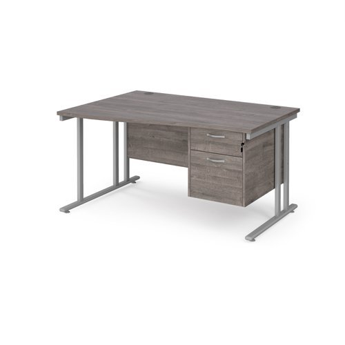 Maestro 25 left hand wave desk 1400mm wide with 2 drawer pedestal silver cantilever leg frame grey oak top - MC14WLP2SGO
