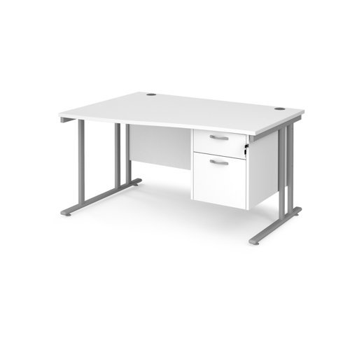 Maestro 25 left hand wave desk 1400mm wide with 2 drawer pedestal silver cantilever leg frame white top - MC14WLP2SWH