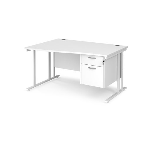 Maestro 25 left hand wave desk 1400mm wide with 2 drawer pedestal white cantilever leg frame white top - MC14WLP2WHWH