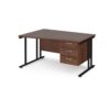 Maestro 25 left hand wave desk 1400mm wide with 3 drawer pedestal black cantilever leg frame walnut top - MC14WLP3KW