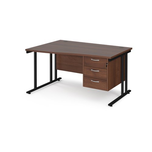 Maestro 25 left hand wave desk 1400mm wide with 3 drawer pedestal black cantilever leg frame walnut top - MC14WLP3KW
