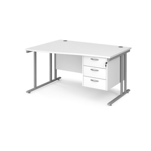 Maestro 25 left hand wave desk 1400mm wide with 3 drawer pedestal silver cantilever leg frame white top - MC14WLP3SWH