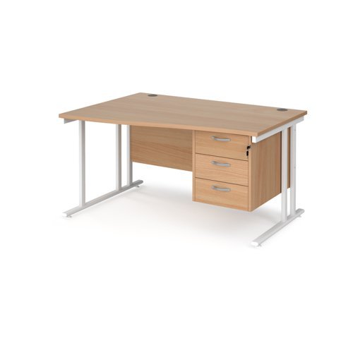 Maestro 25 left hand wave desk 1400mm wide with 3 drawer pedestal white cantilever leg frame beech top - MC14WLP3WHB